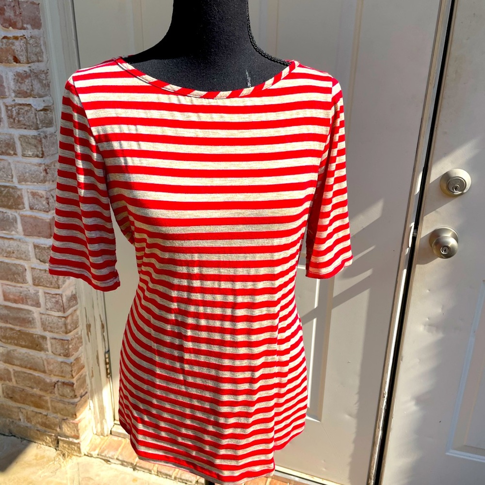 Green Envelope, Red & Cream, Striped, Short  Sleeve, Top, Size L